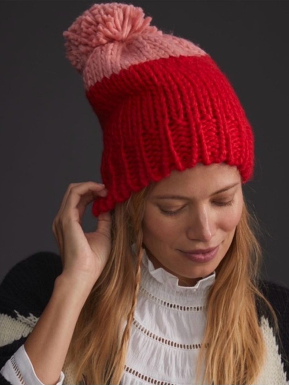 Anthropologie Red and Pink Pom-Pom Knit Beanie